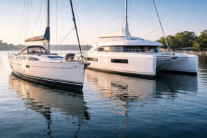 Bootswartung vor der Saison – moderne Segelyacht und Katamaran im Wasser