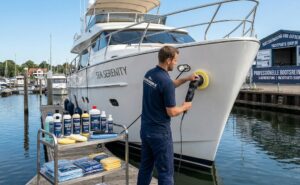 Sortiment zur Bootsreinigung und Aufbereitung mit Politur, Shampoo und Reiniger vor einer weißen Yacht.
