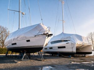 Checkliste Winterlagerung von Booten – moderne Segelyacht und Katamaran im Winterlager an Land