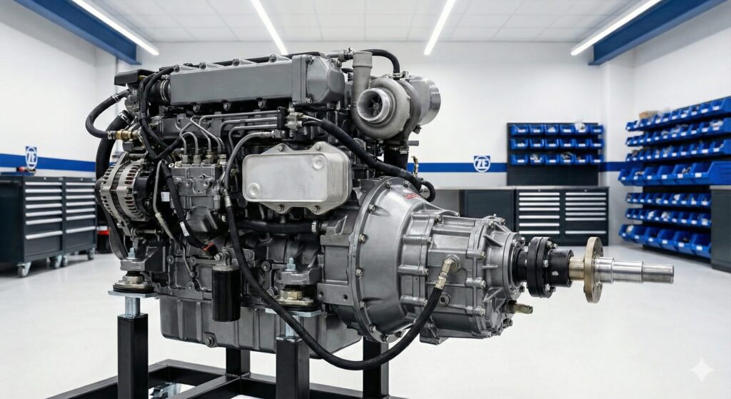 Detailaufnahme eines Yachtmotors mit sichtbarem Getriebe, Wellenanlage und technischen Bauteilen – Fokus auf hochwertige Motor- und Getriebeteile für Yachten.