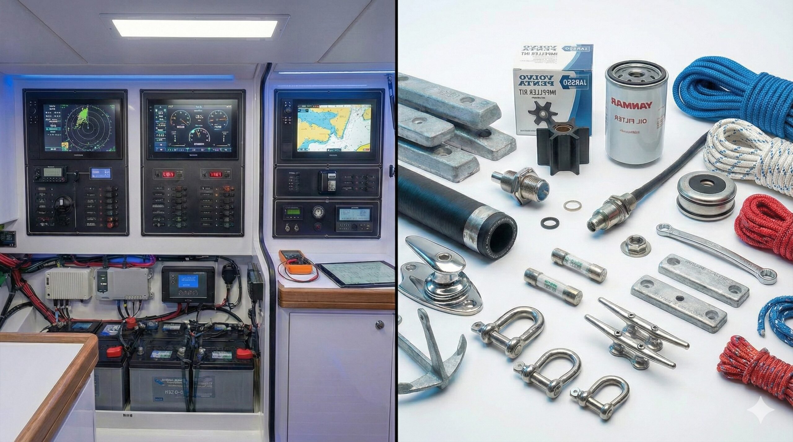 Geteiltes Sliderbild mit Yacht-Beratungsbereich links und gemischten Yachtteilen rechts – Motor, Elektrik, Sicherheit und professionelle technische Unterstützung.