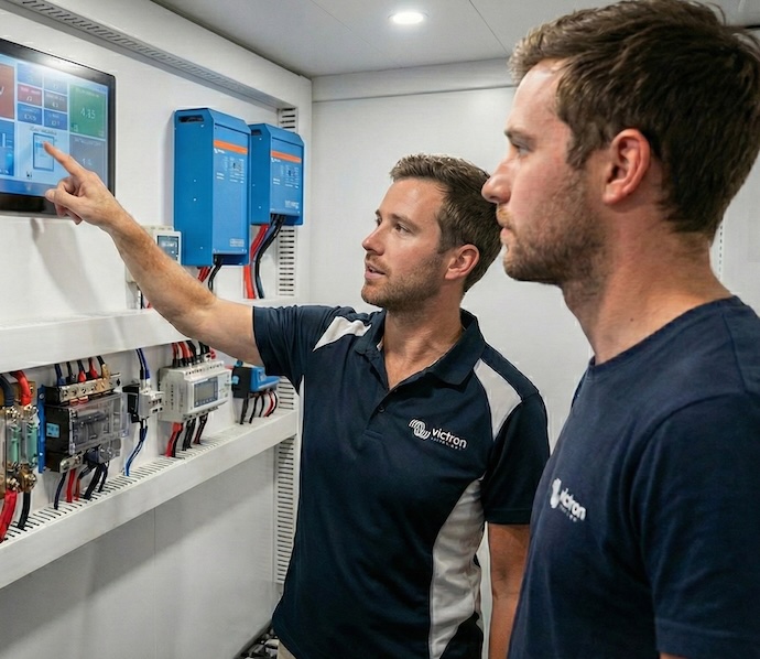 Beratung zu 12V-Bordnetz und Victron-ähnlichen Stromsystemen auf einer Yacht.