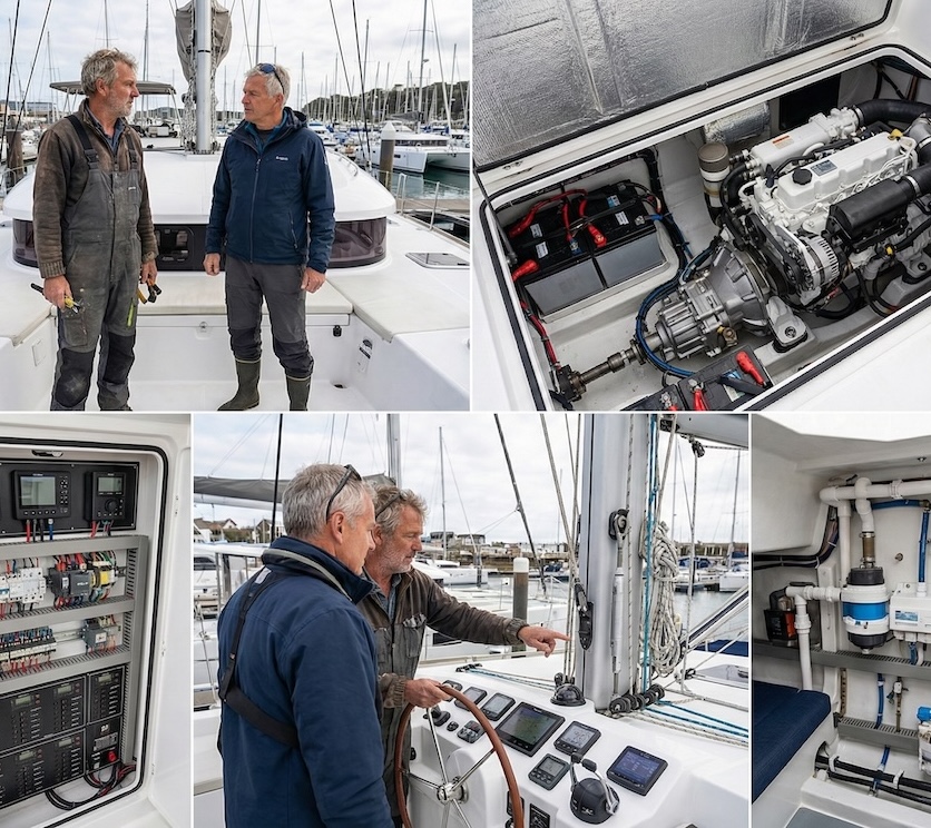 Techniker berät einen Kunden direkt am Katamaran zu Motor, Elektrik, Rigg und Bordtechnik.