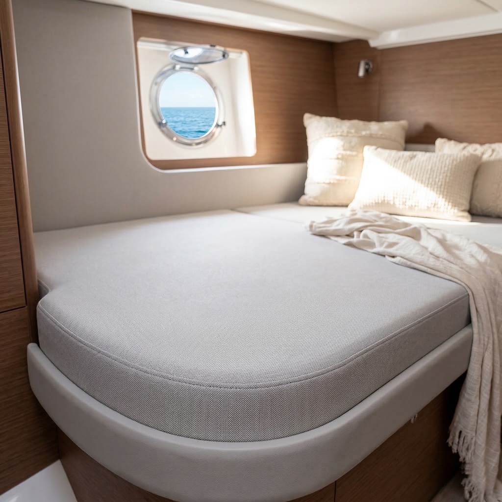 Passgenaue Bootsmatratze für die Rumpfform eines Katamarans mit atmungsaktivem Bezug.