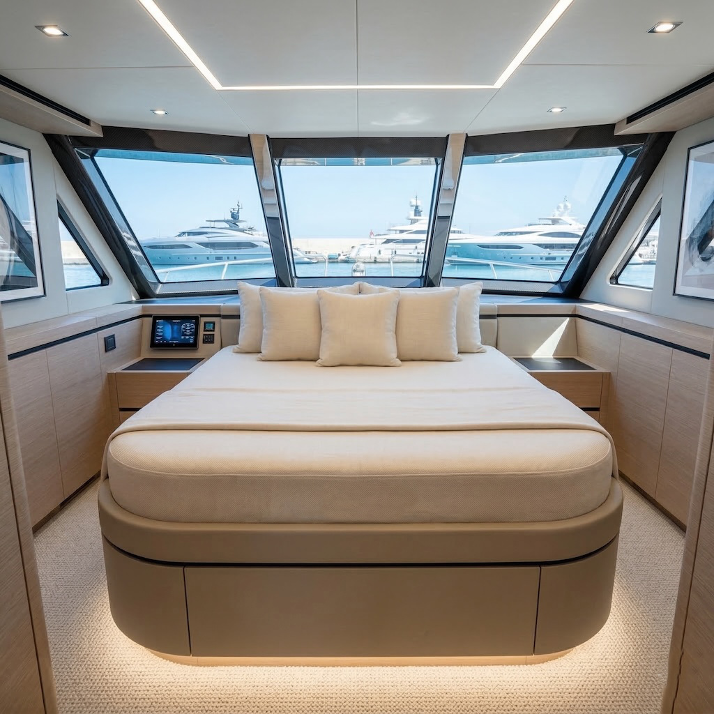 Luxus-Matratze nach Maß für Motoryacht-Eignerkabine mit abgerundeten Ecken und YACHTPARTS Label.