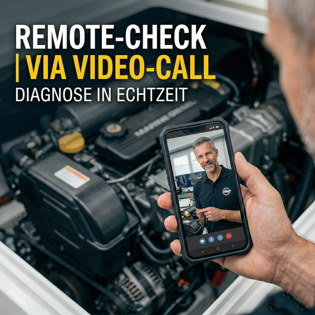 Live-Video-Call für Yacht-Technik-Check: Ein Experte unterstützt per Smartphone bei der technischen Diagnose am Schiffsmotor.