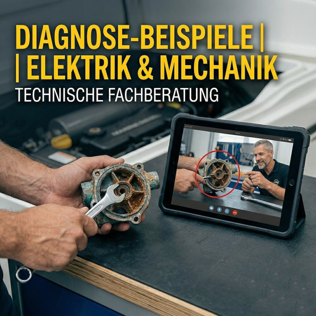 Detailansicht einer technischen Diagnose am Bootmotor mit Experten-Markierungen auf einem Tablet zur schnellen Problemlösung.